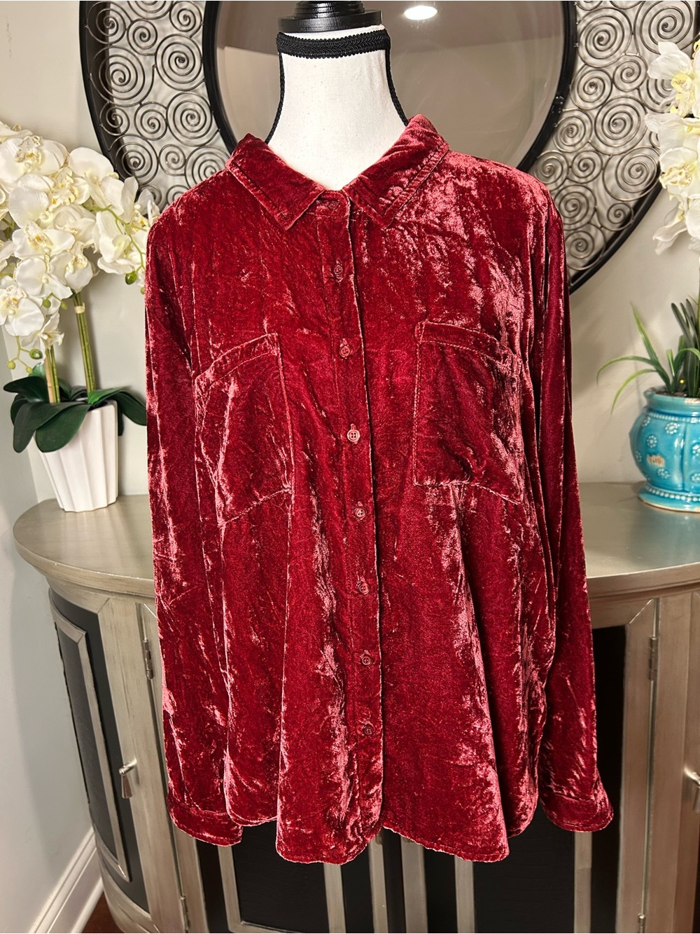 Dear John Crushed Velvet Button-Down Shirt - Red